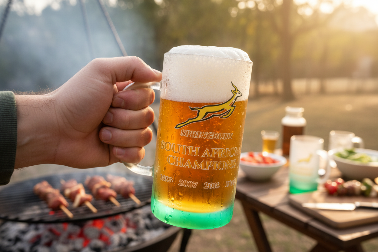 Model holding Springboks Champions beer mug at a braai