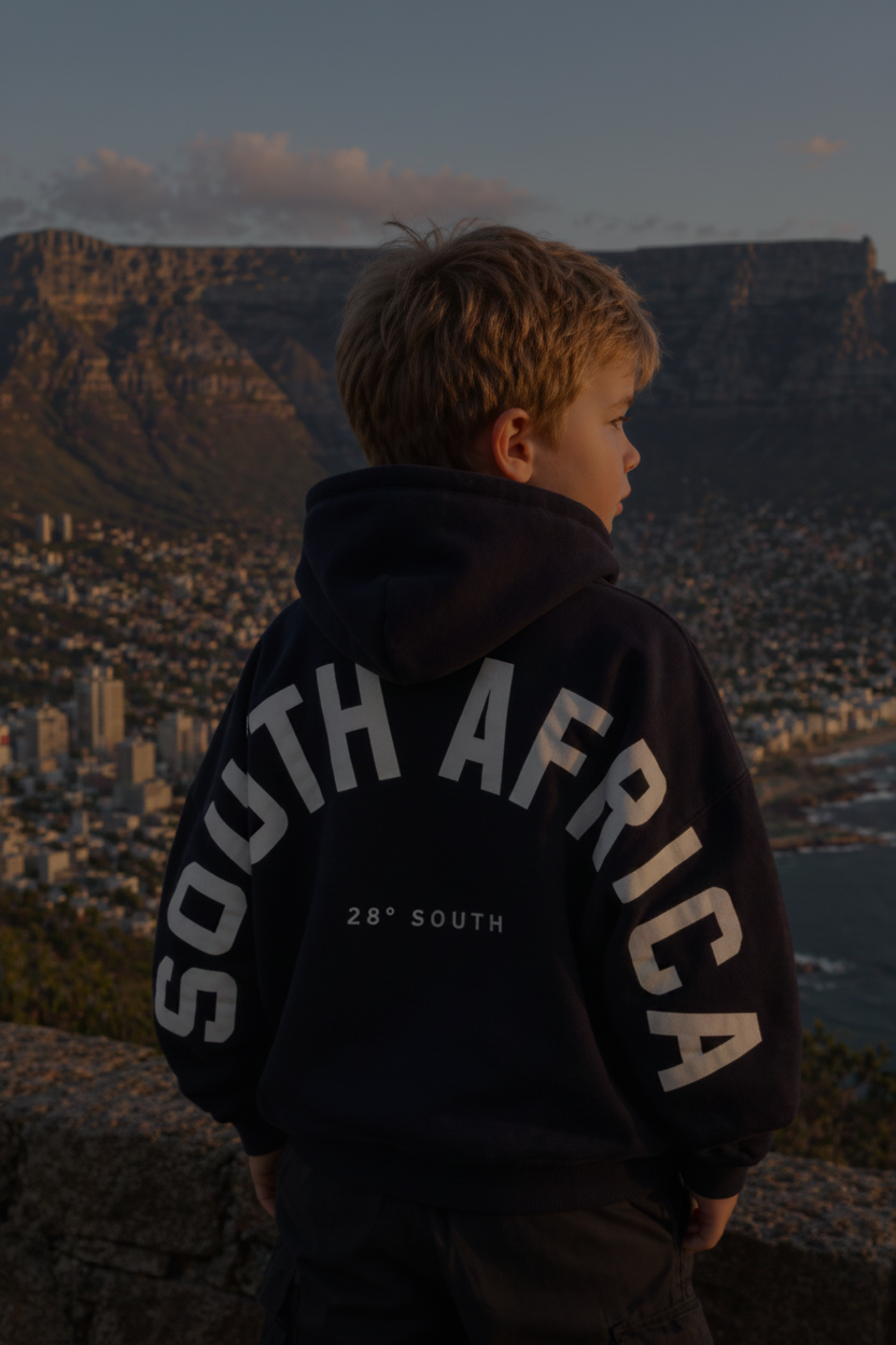 Model in navy South Africa hoodie