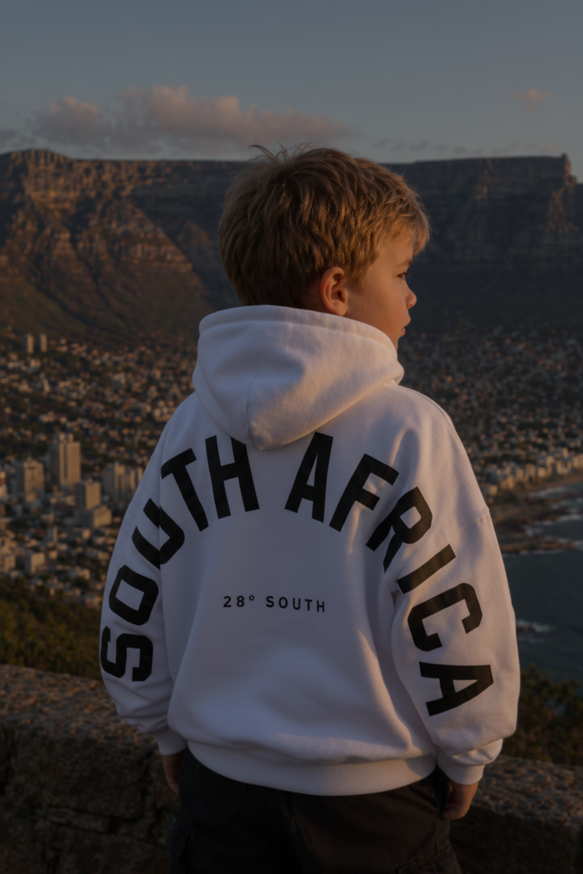 Model in white South Africa hoodie