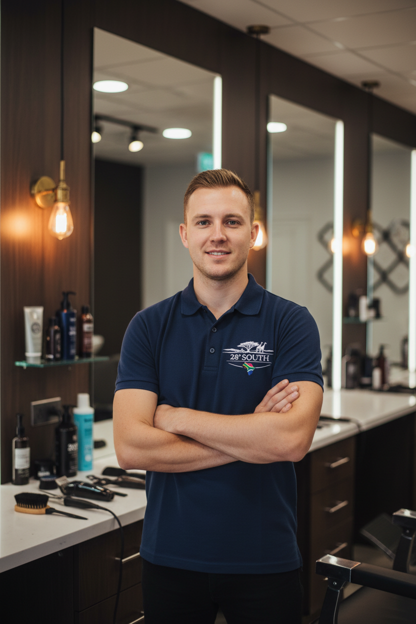 White male barber in navy polo