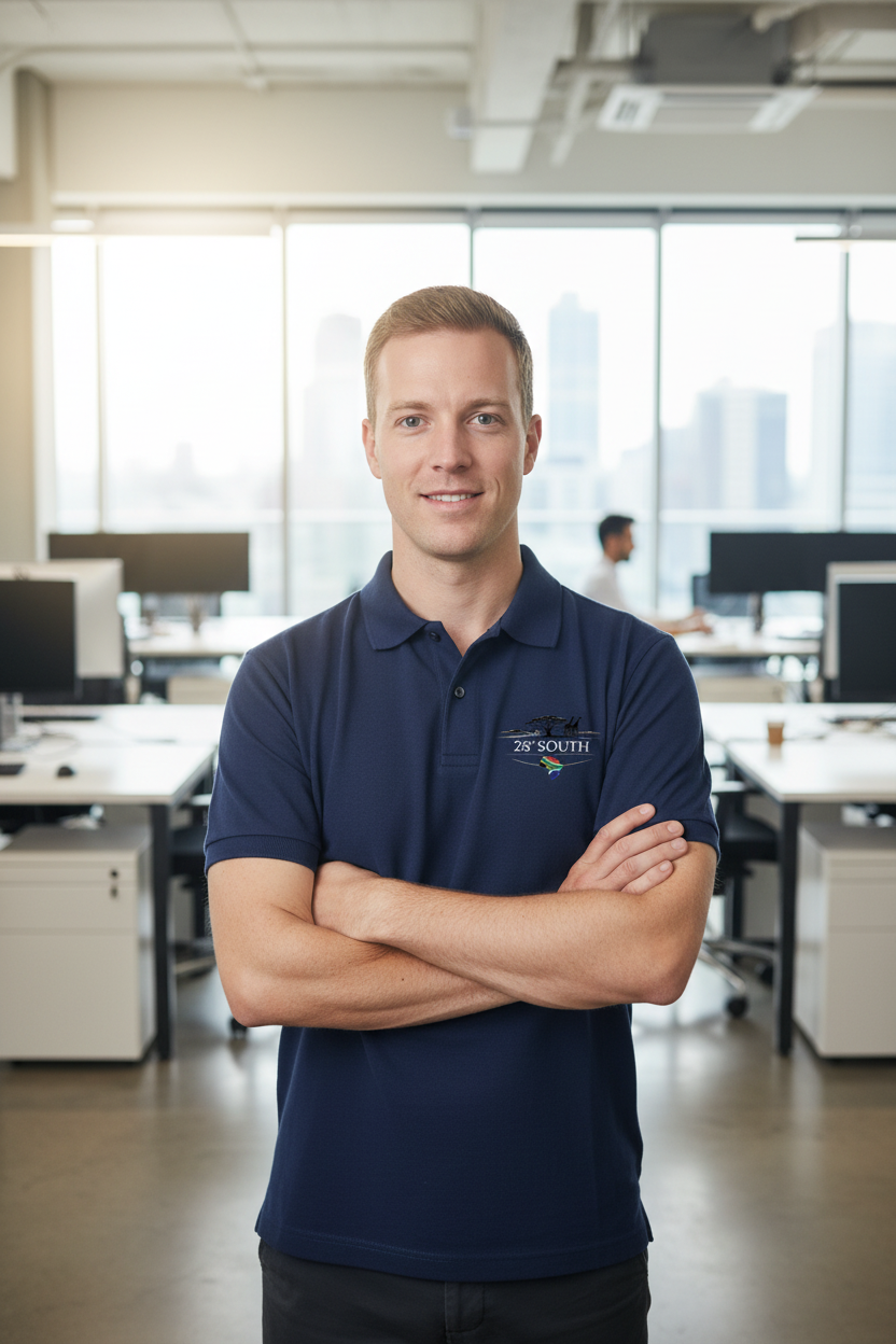 White male in navy polo in office setting