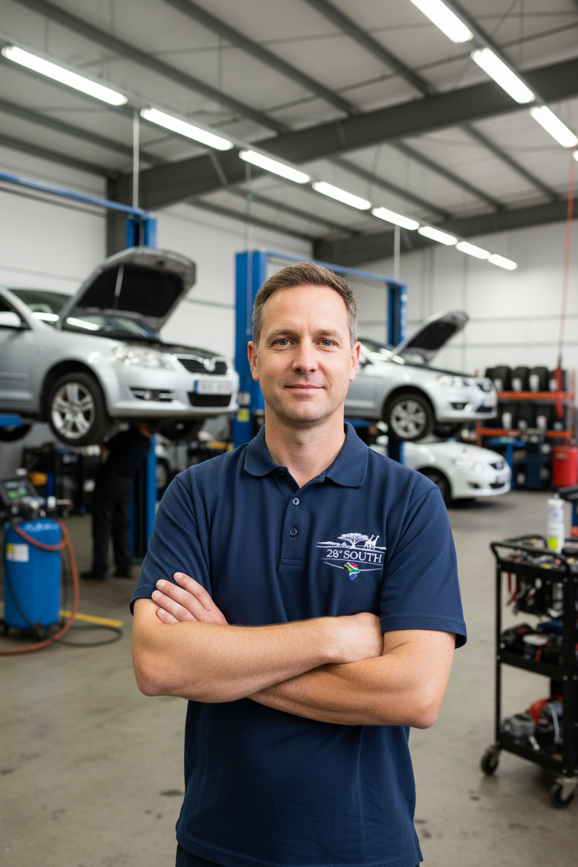 White male mechanic in navy polo