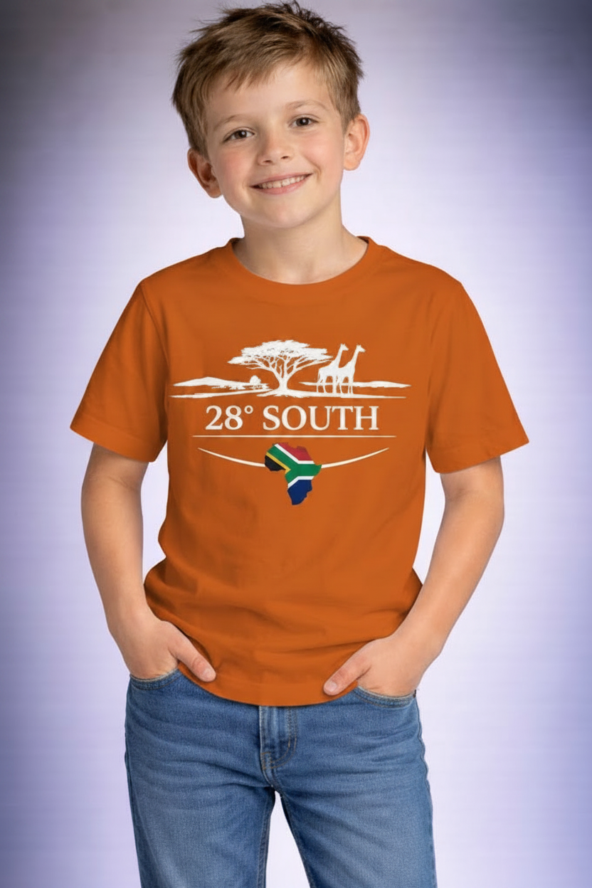 Orange Kids T-Shirt - All White Logo + SA Flag Africa