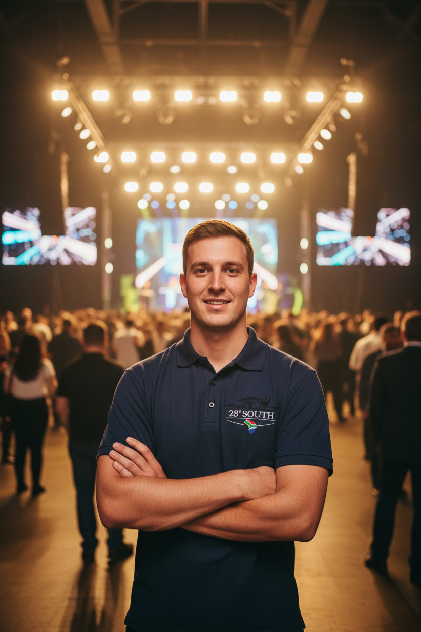White male in navy polo at events venue