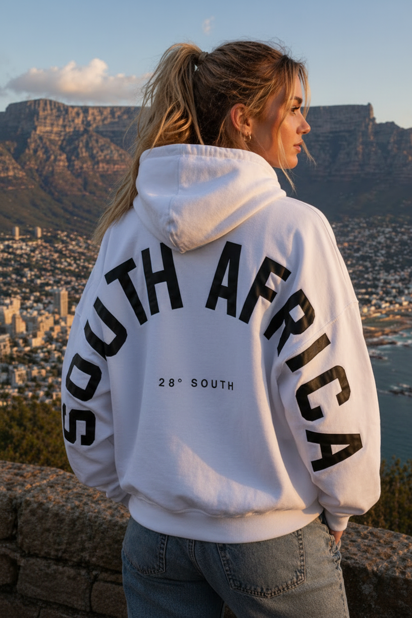 Woman in white South Africa hoodie